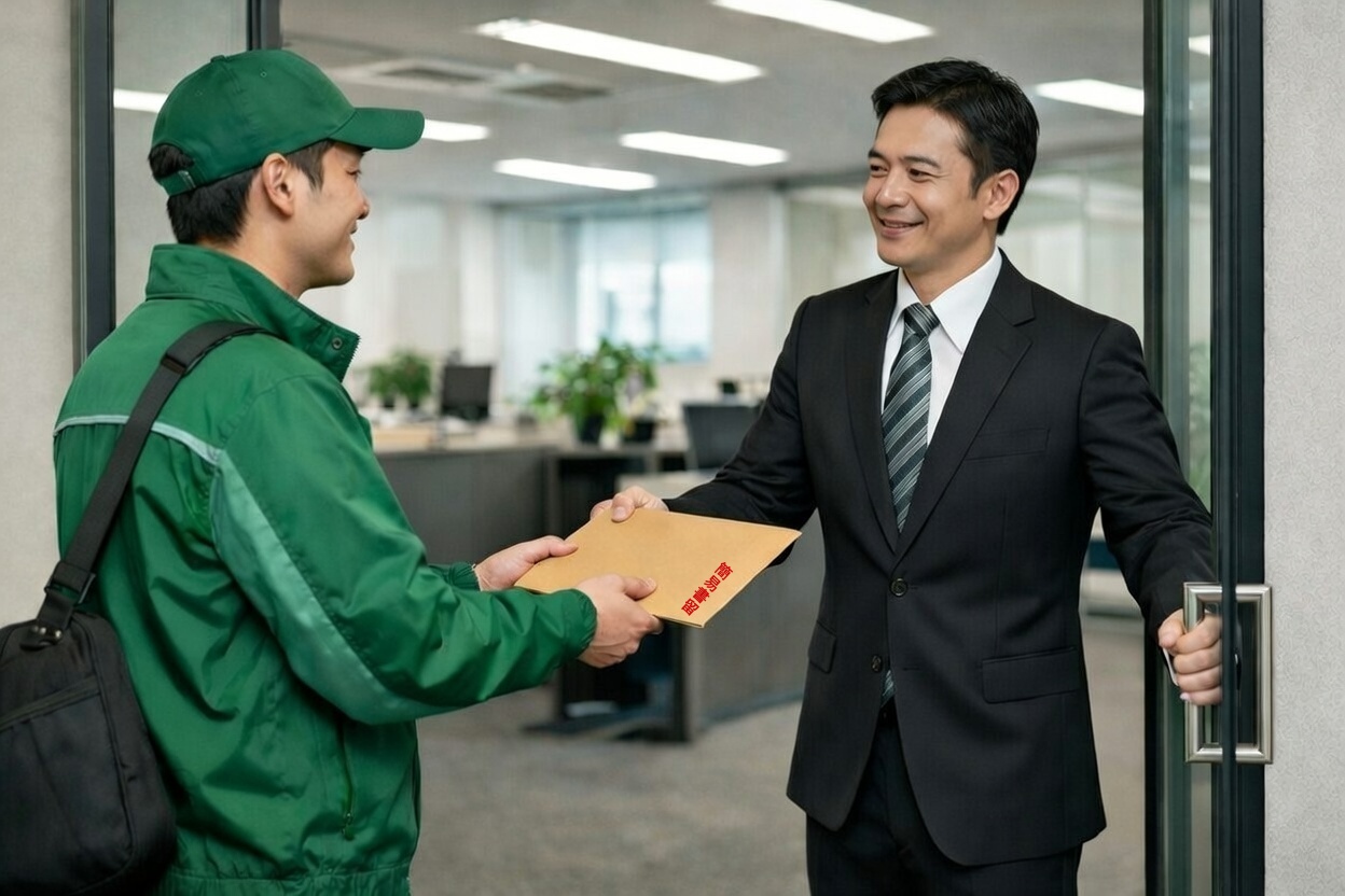 封筒を受け取るスーツの男性と配送する配達員