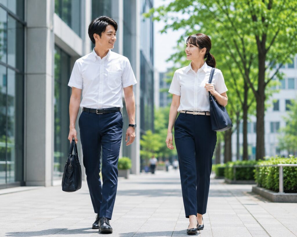 クールビズの服装で外を歩く男女のビジネスパーソン